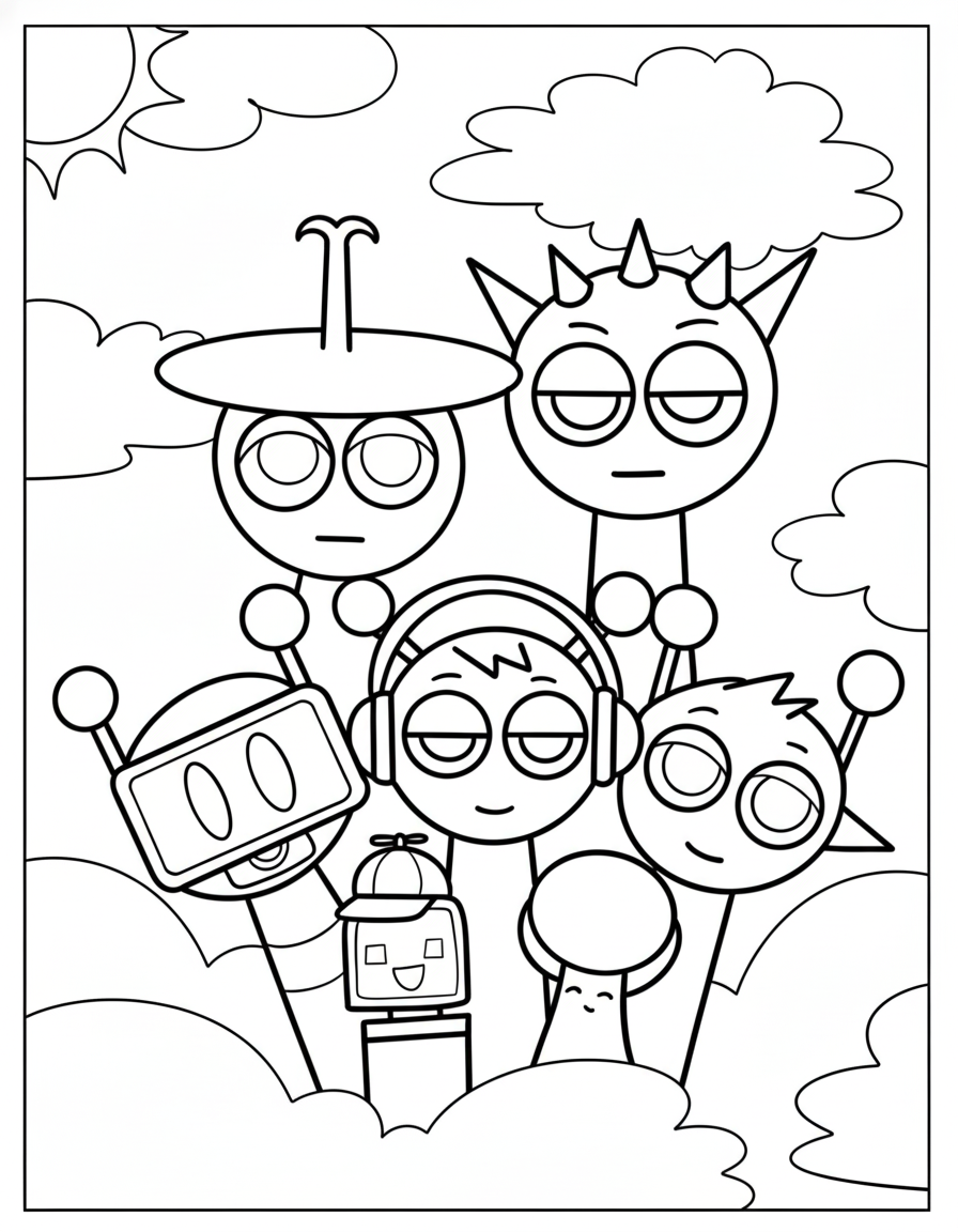Happy Sprunki group coloring page for kids