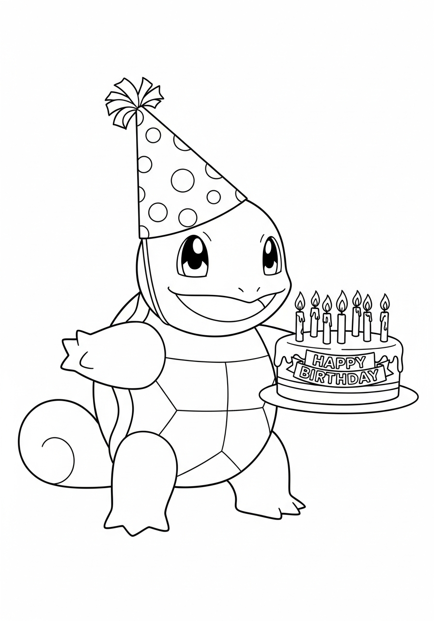 Happy birthday Squirtle cake coloring page