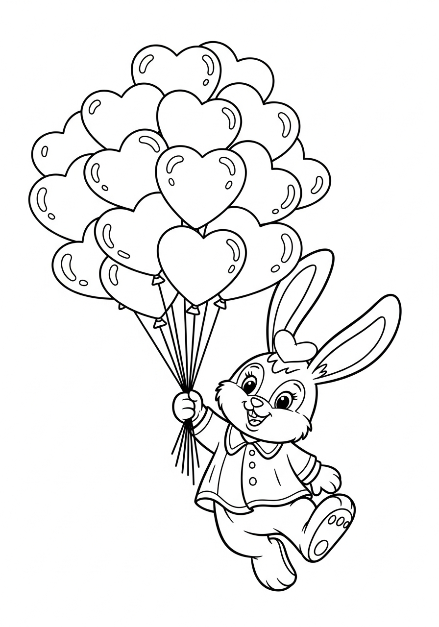 Happy bunny holding heart balloons coloring page