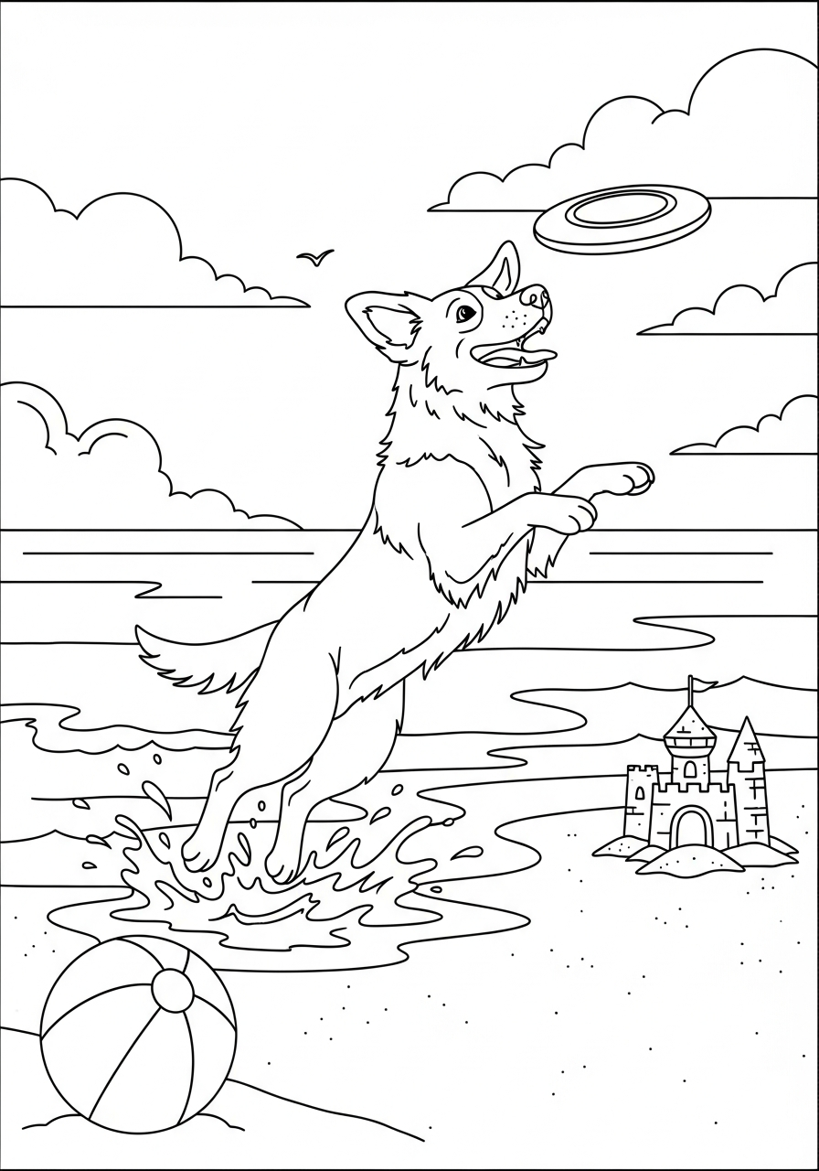 Happy dog playing frisbee beach coloring page