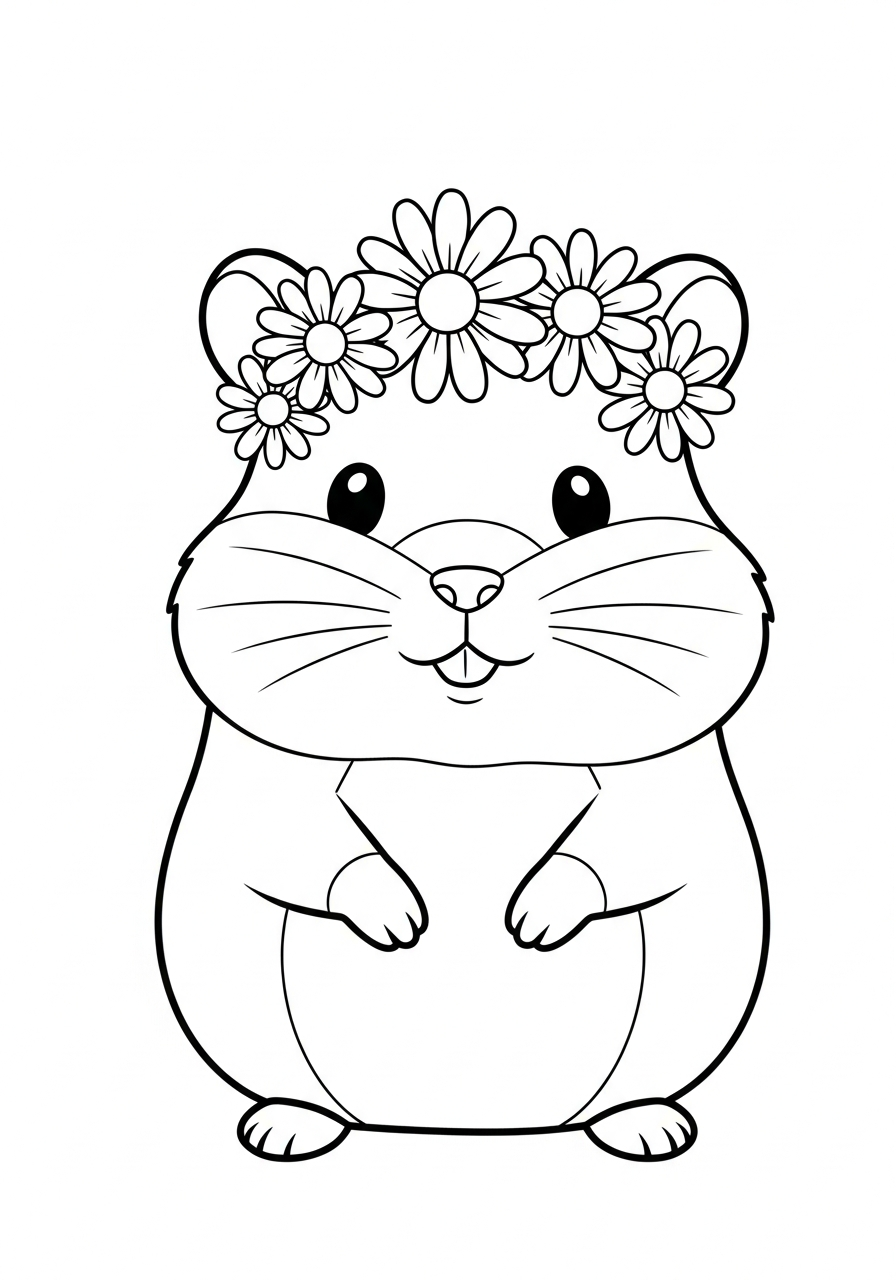 Happy hamster wearing flower crown coloring page