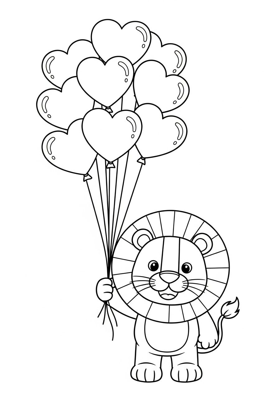 Happy lion holding balloons coloring page