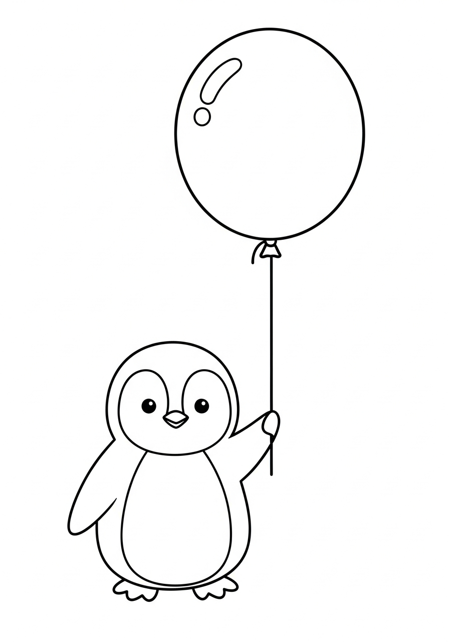 Happy penguin holding big balloon coloring page