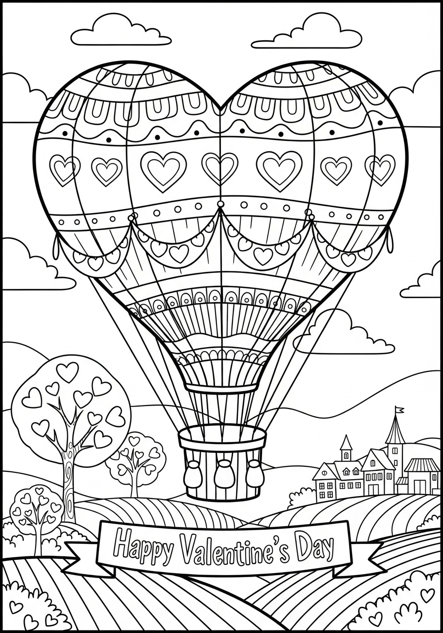 Valentine's Day Coloring Pages 22 Heart hot air balloon valentine coloring page