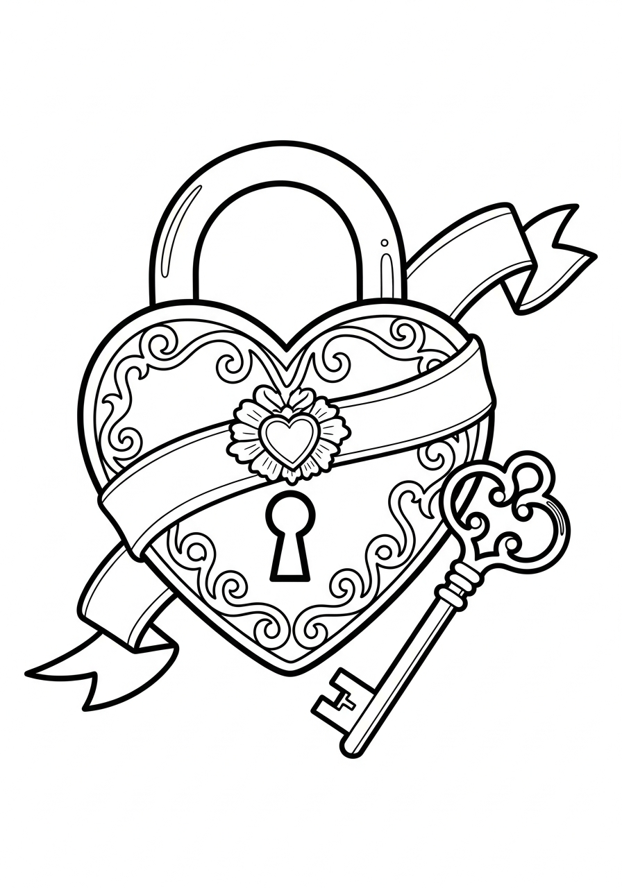 Valentine's Day Coloring Pages 23 Heart shaped lock and key coloring page