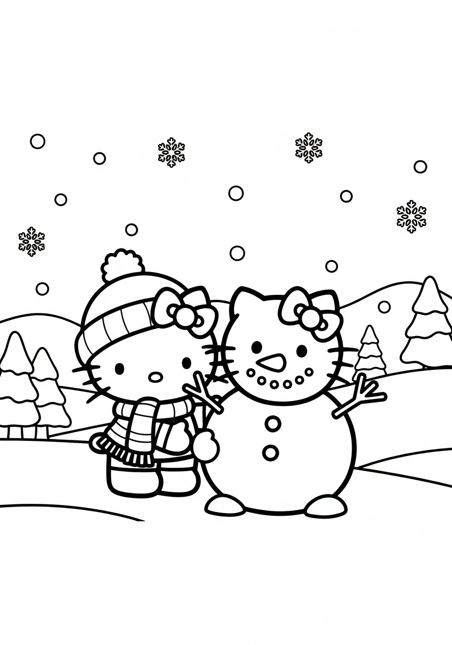Hello Kitty building winter snowman coloring page