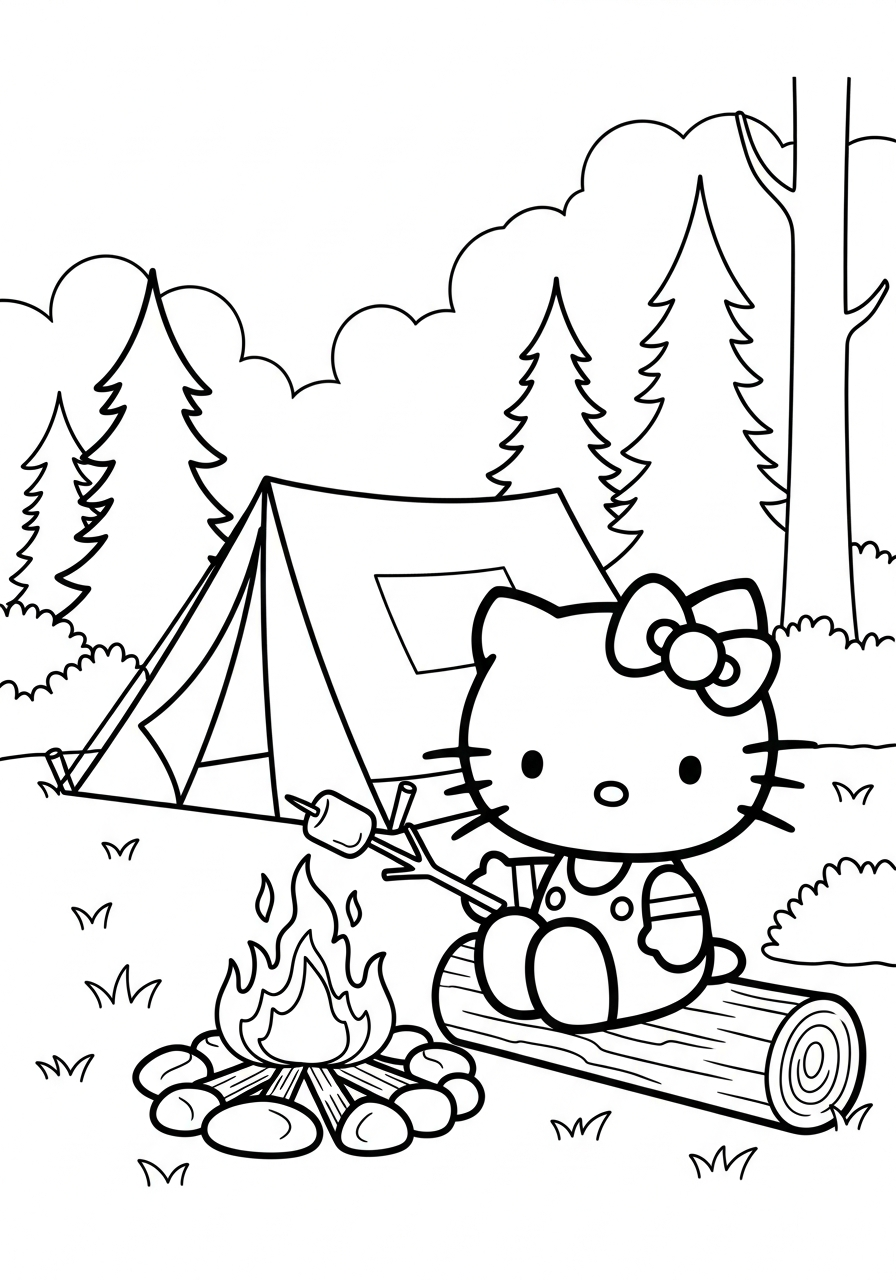 Hello Kitty camping with roasted marshmallow coloring page