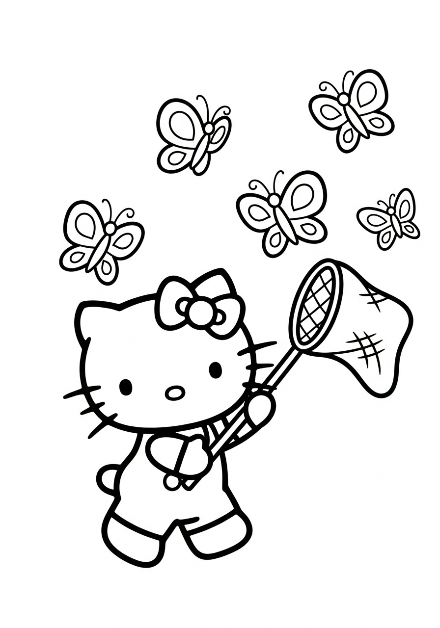 Hello Kitty chasing cute butterflies coloring page