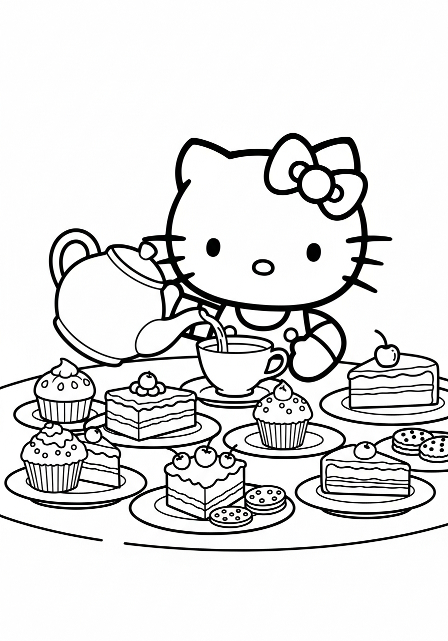 Hello Kitty having tea party coloring page