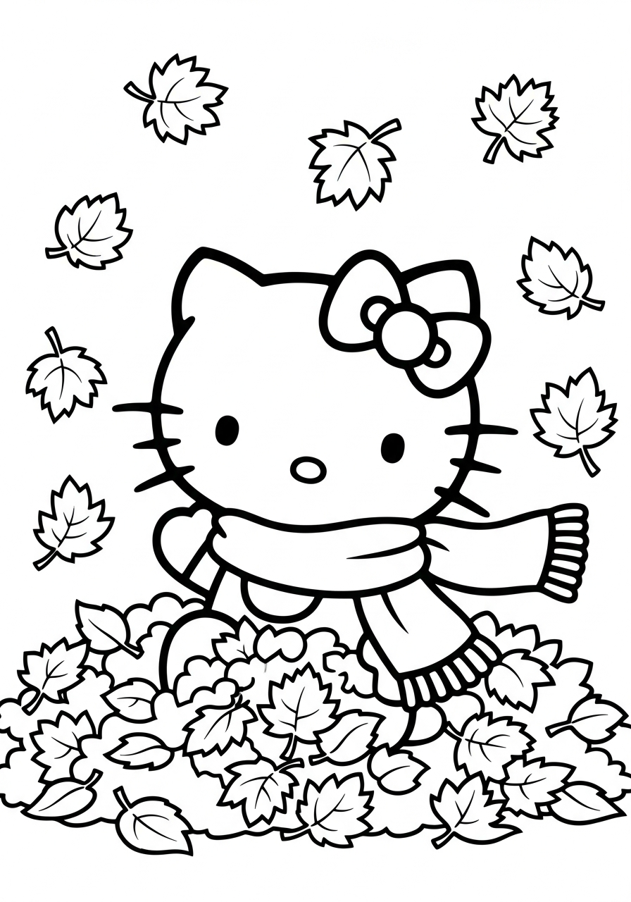 Hello Kitty playing in autumn leaves coloring page