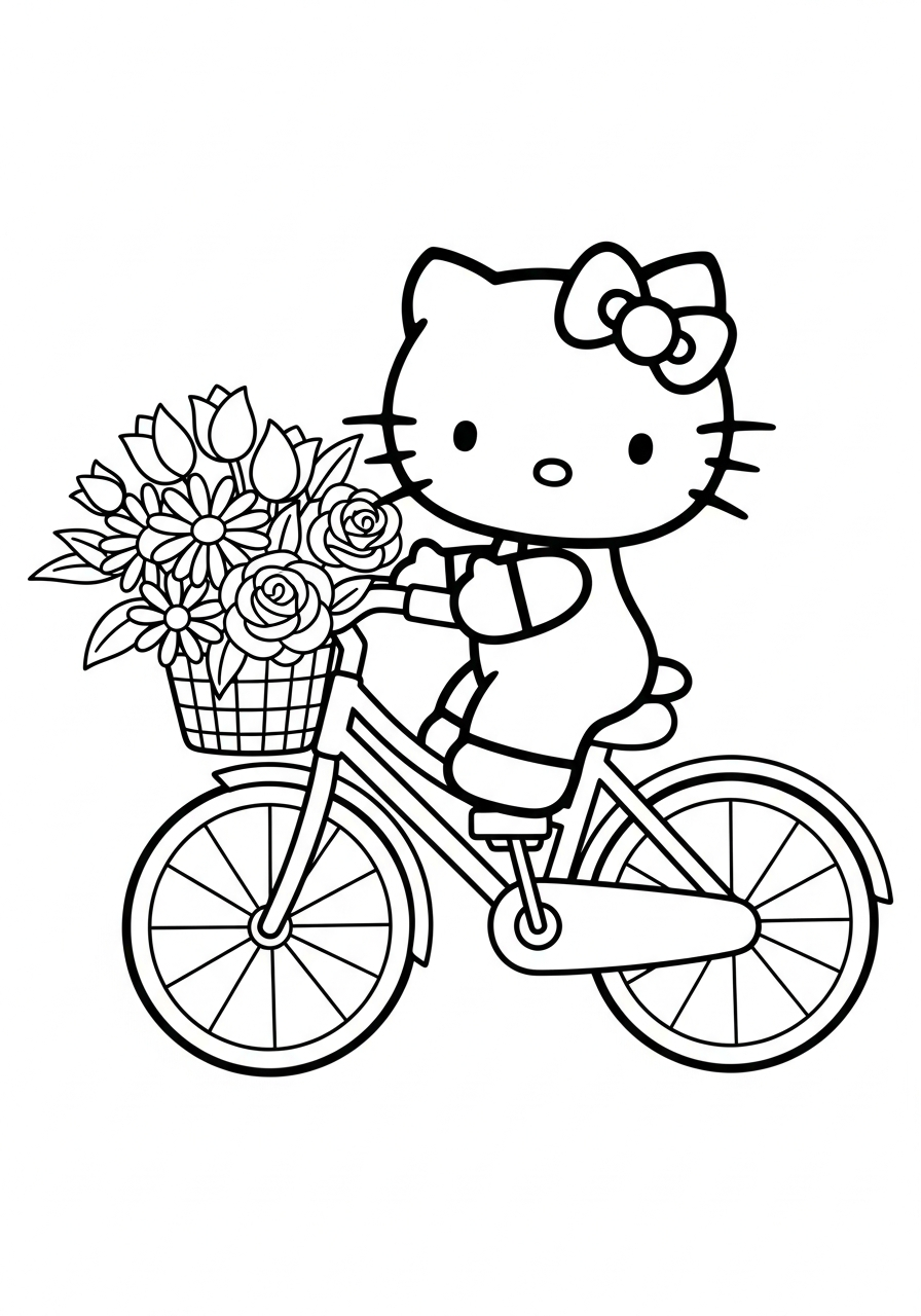 Hello Kitty riding bicycle with flowers coloring page