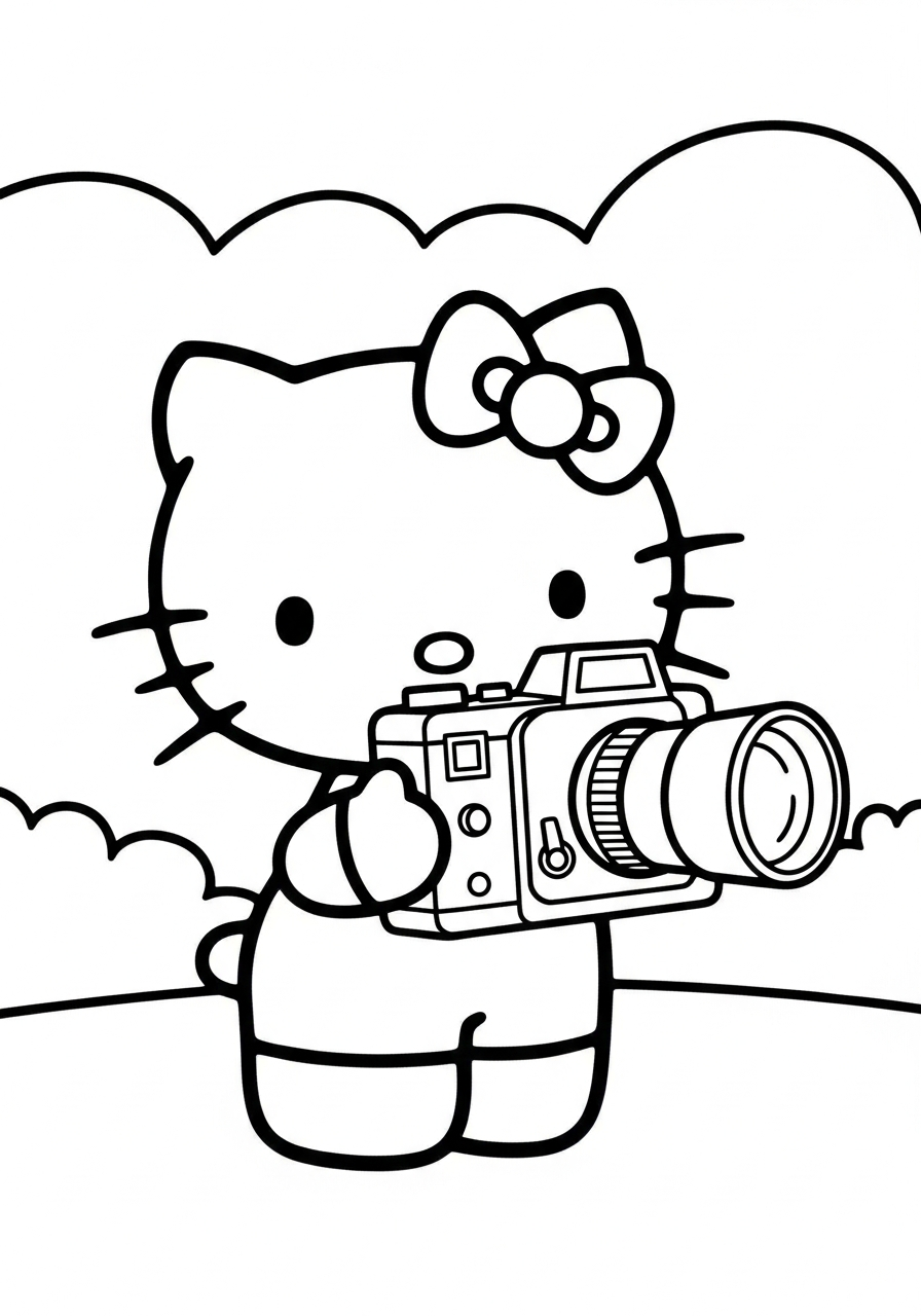 Hello Kitty taking photos with camera coloring page