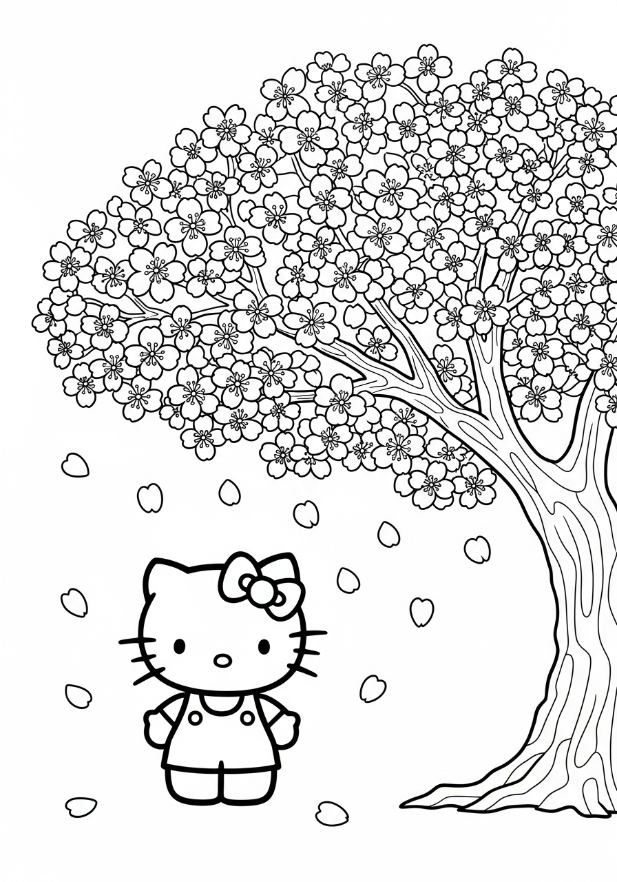 Hello Kitty under cherry blossom tree coloring page