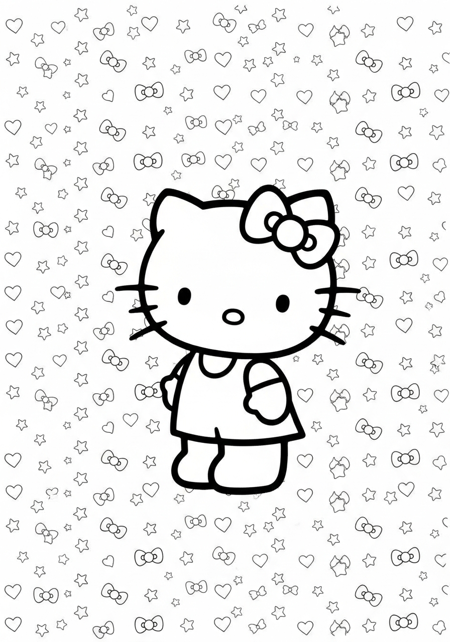 Hello Kitty with bows and hearts coloring page