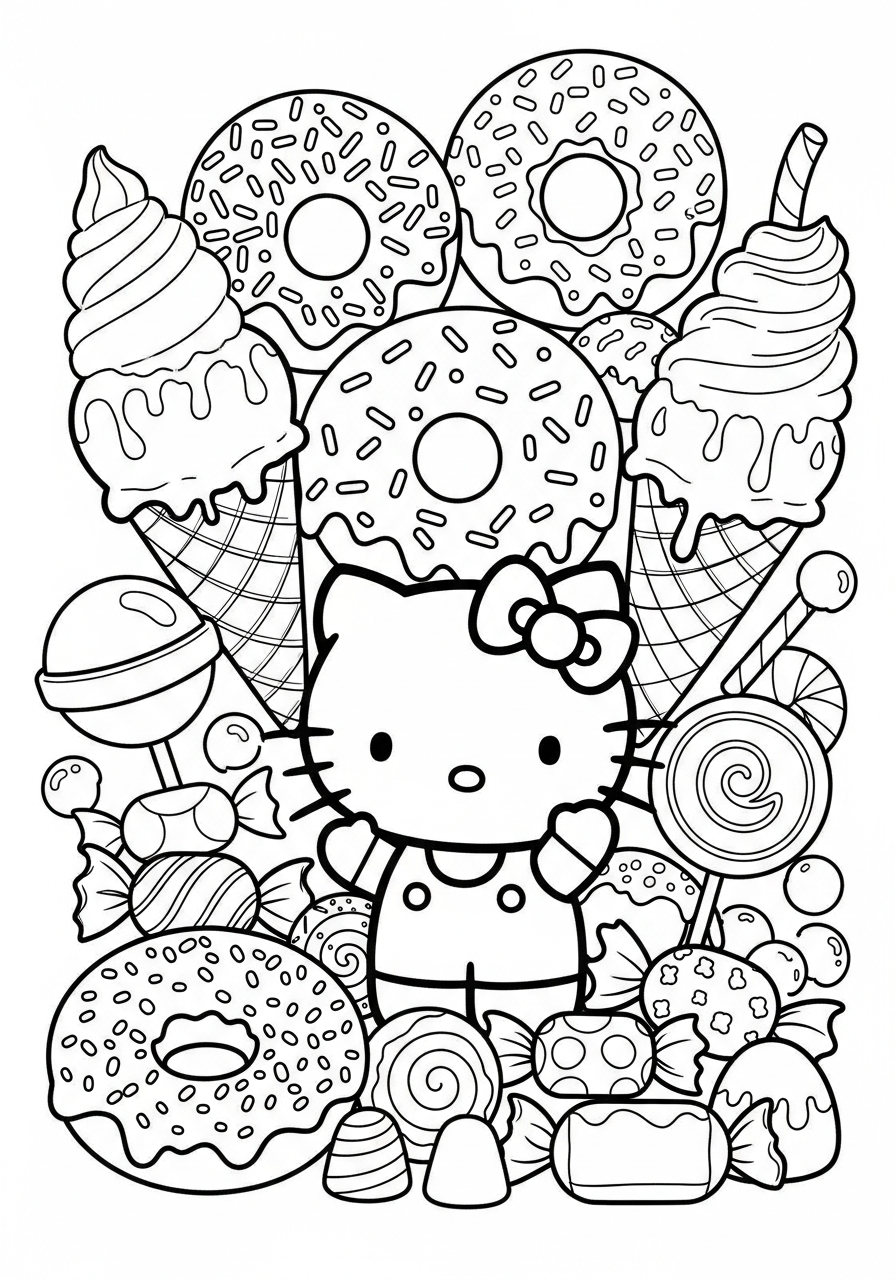 Hello Kitty with donuts sweets coloring page