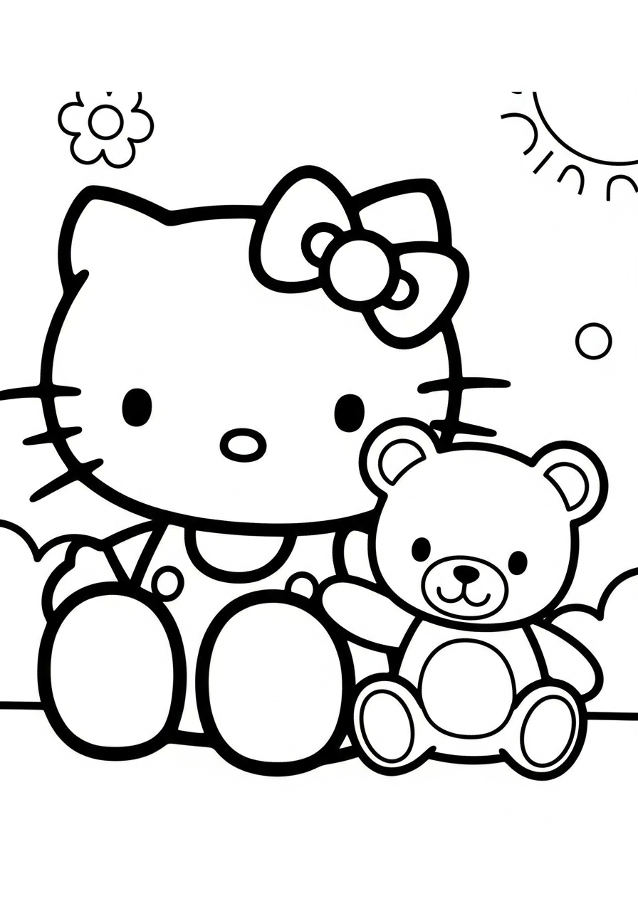Hello Kitty with teddy bear coloring page