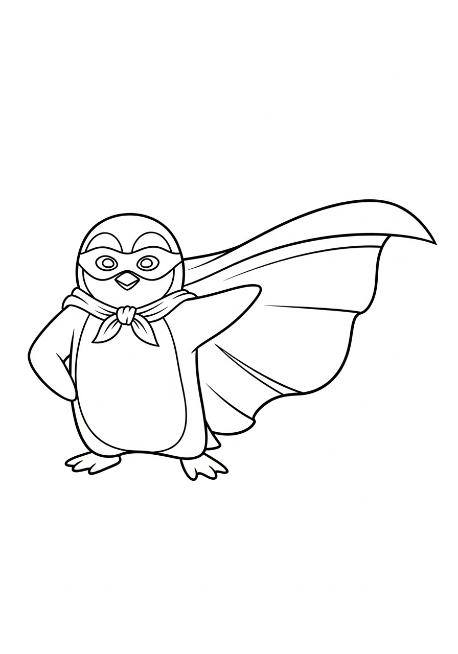 Hero penguin with cape mask coloring page