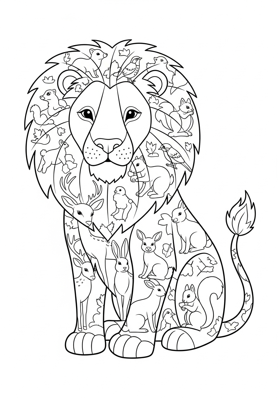 Hidden animals in lion fur coloring page
