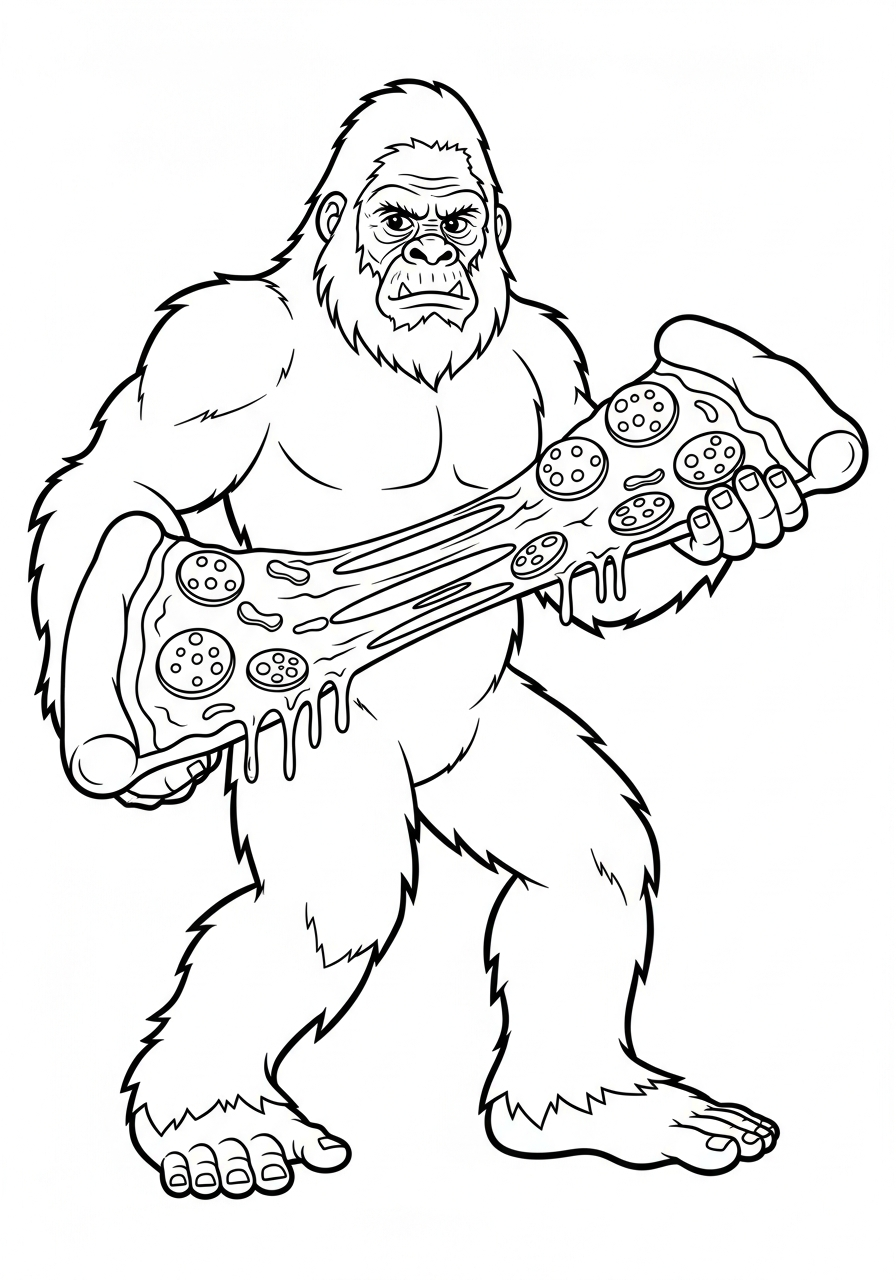 Bigfoot Coloring Pages 22 Hungry bigfoot eating pepperoni pizza coloring page