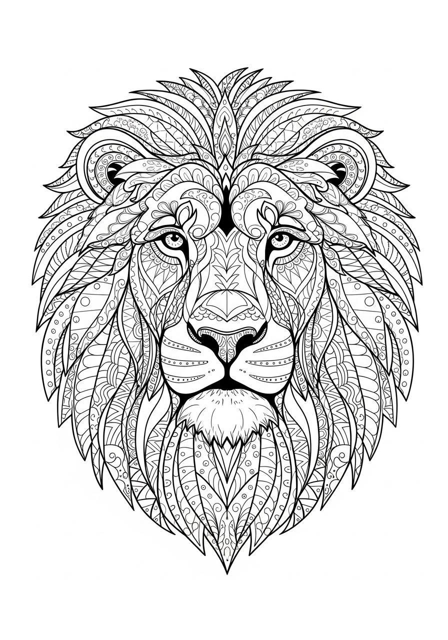 Intricate zentangle lion face coloring page