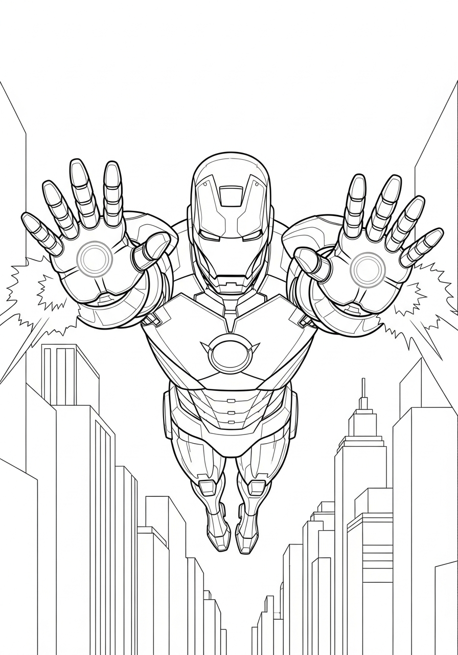 Iron Man flying action scene coloring page