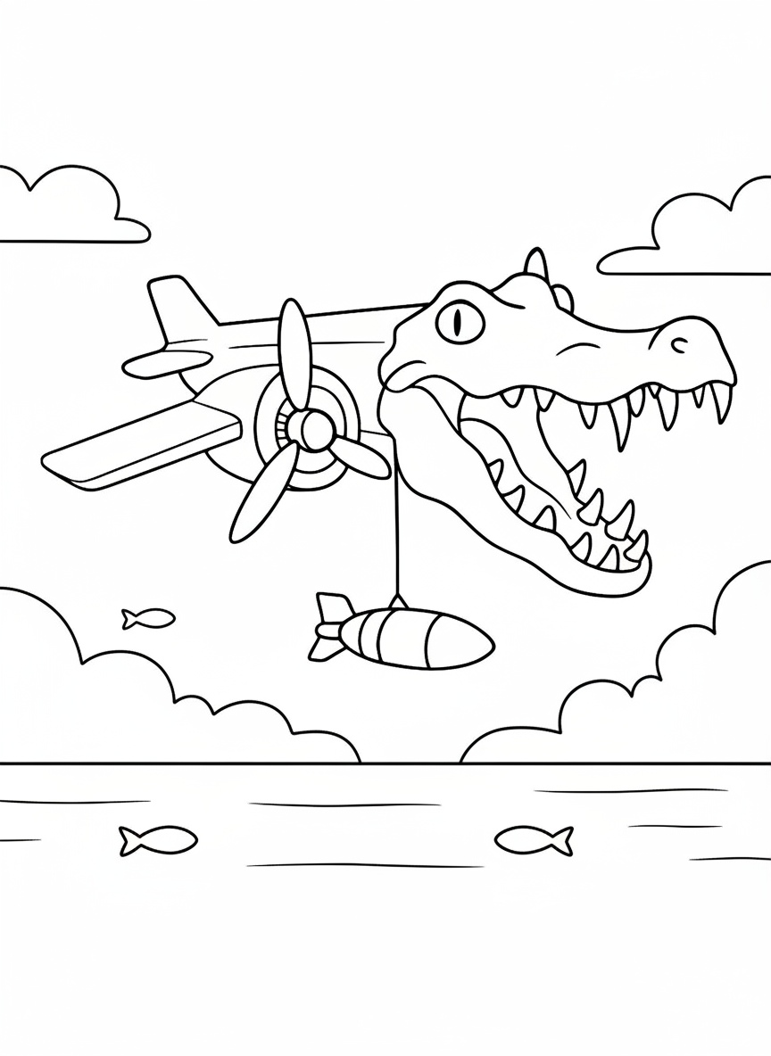 Italian Brainrot coloring page Bombardiro Crocodillo flying