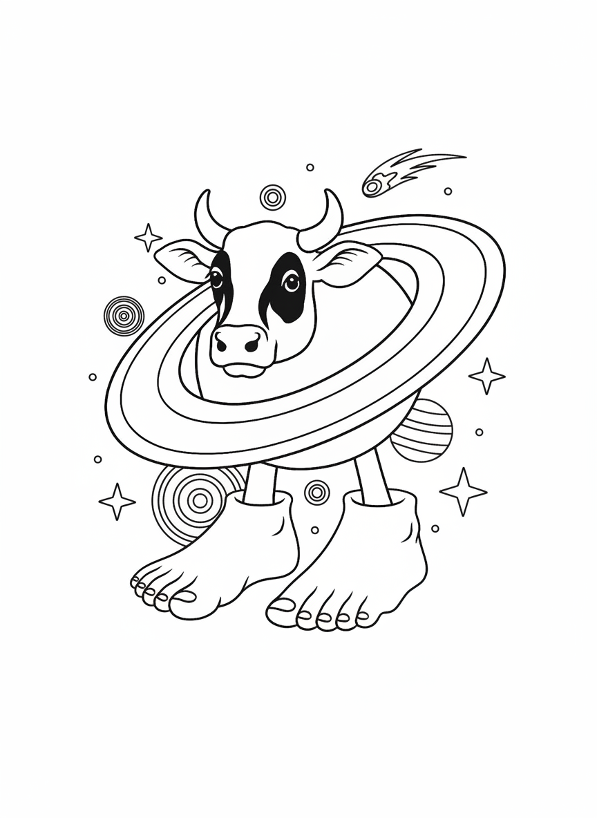 Italian Brainrot coloring page La Vaca Saturno Saturnita in space