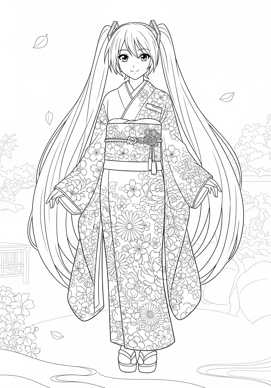 Japanese kimono Hatsune Miku coloring page