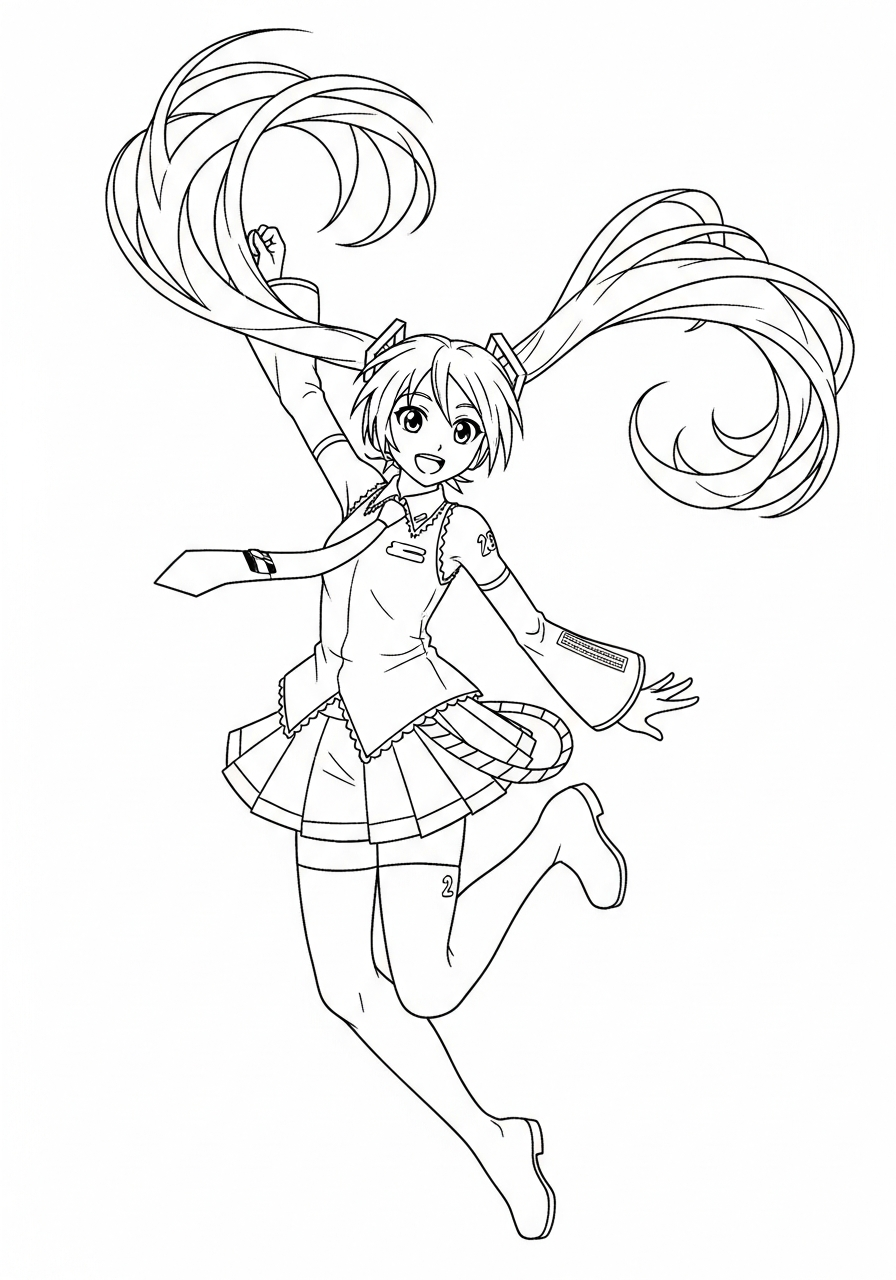 Jumping Hatsune Miku anime coloring page