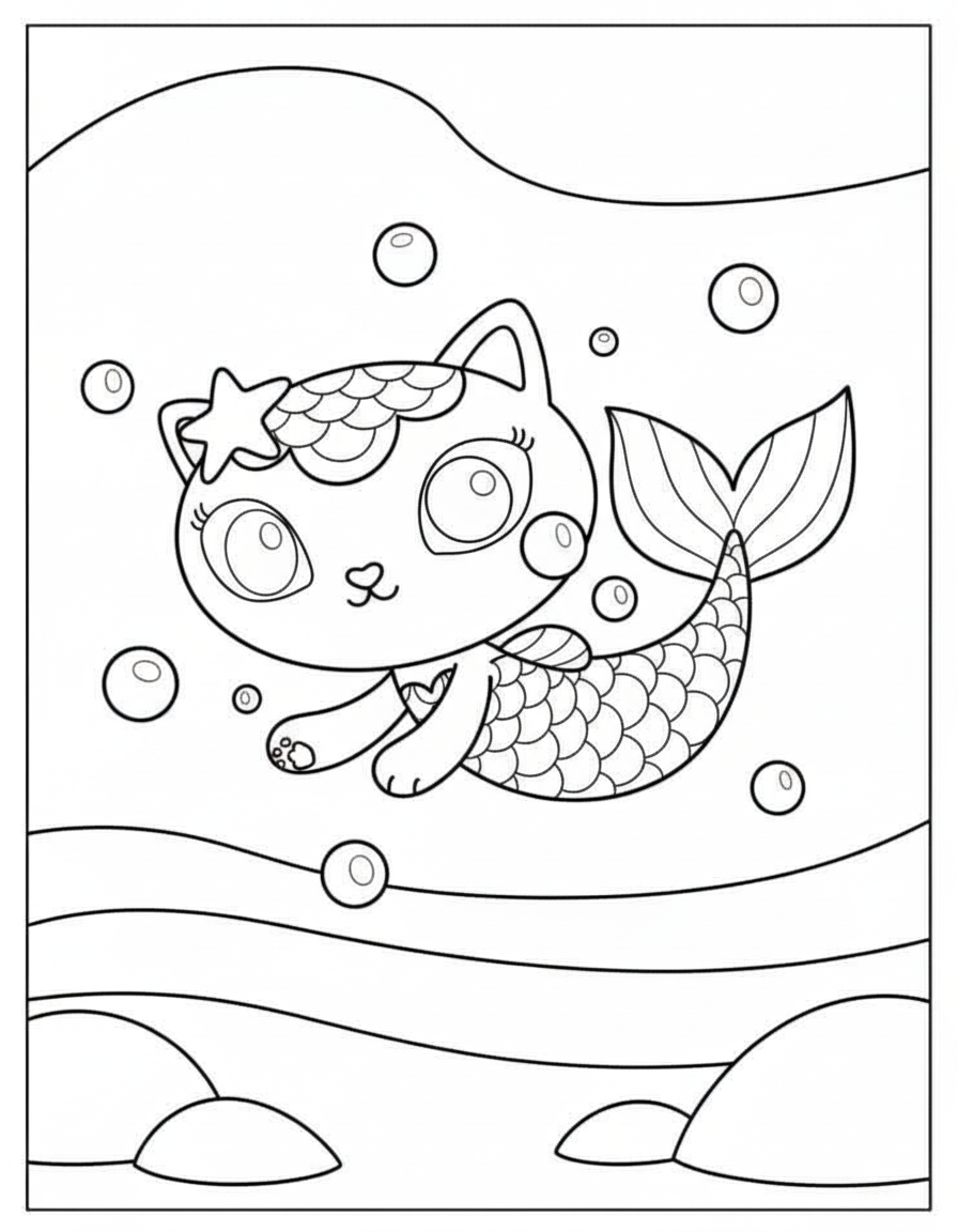 Kawaii Mercat With Bubbles – Gabby’s Dollhouse Coloring Page