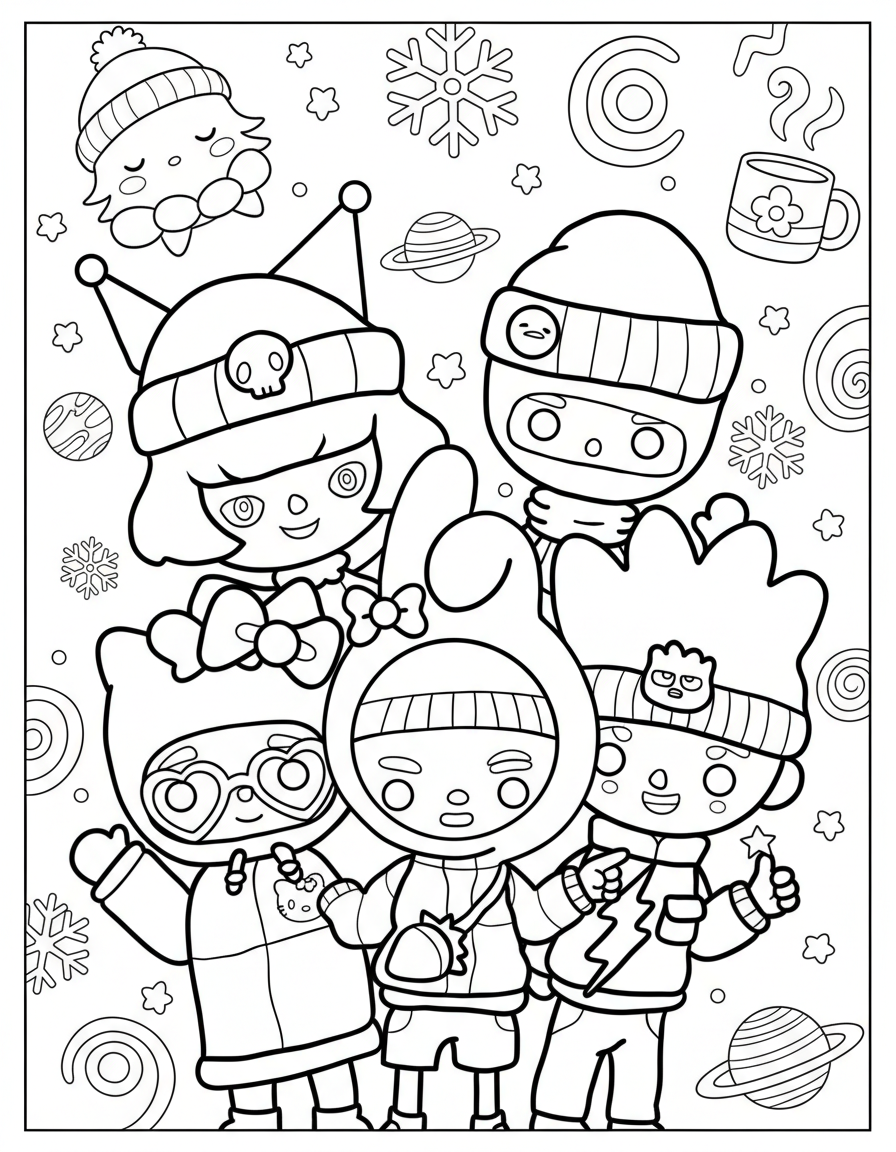 Kawaii Toca Boca in Sanrio costumes coloring page