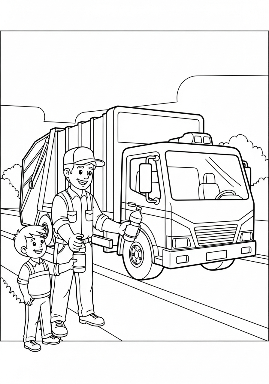 Garbage Truck Coloring Pages 21 Kid helping sanitation worker coloring page