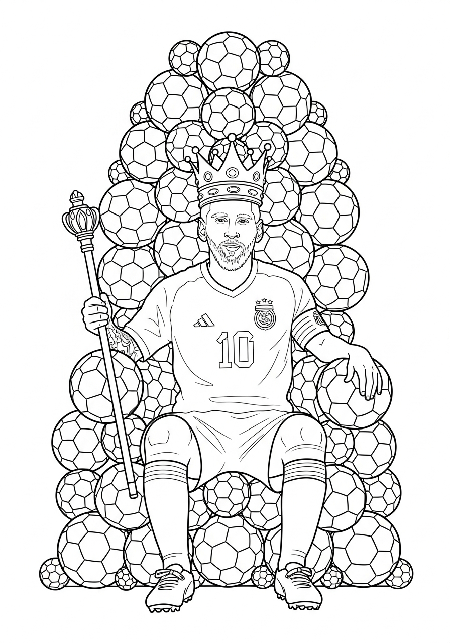 King Messi on throne coloring page