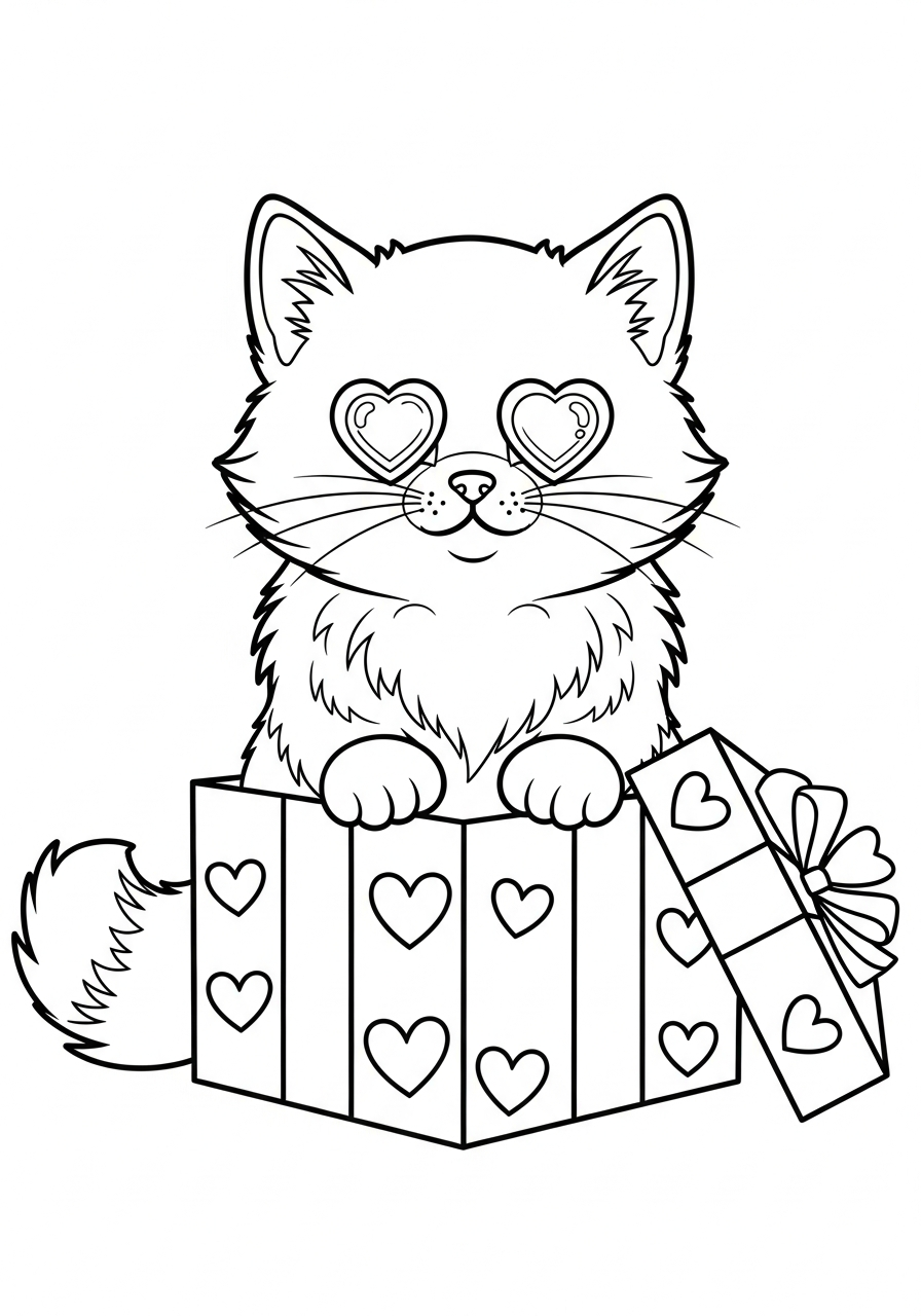 Valentine's Day Coloring Pages 26 Kitten in gift box valentine coloring page