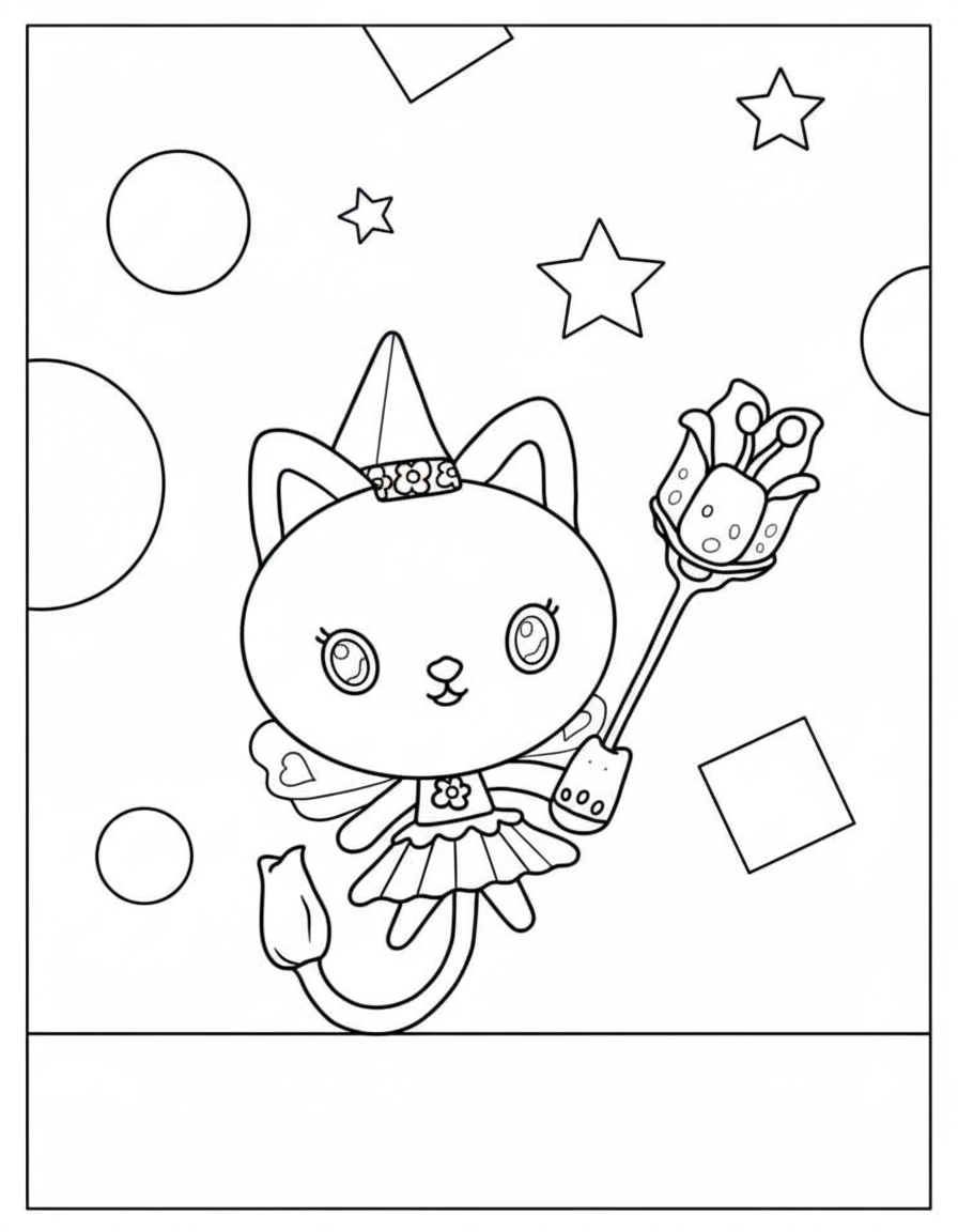 Kitty Fairy With Flower Wand – Gabby’s Dollhouse Coloring Page