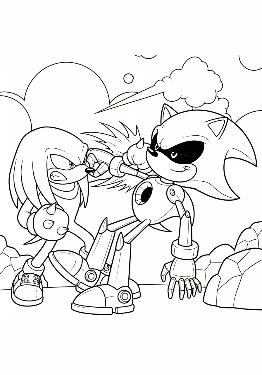 Knuckles fighting Metal Sonic coloring page