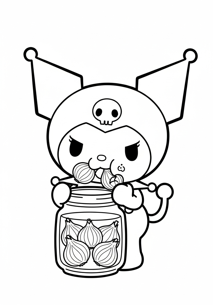 Kuromi eating pickled shallots snack coloring page