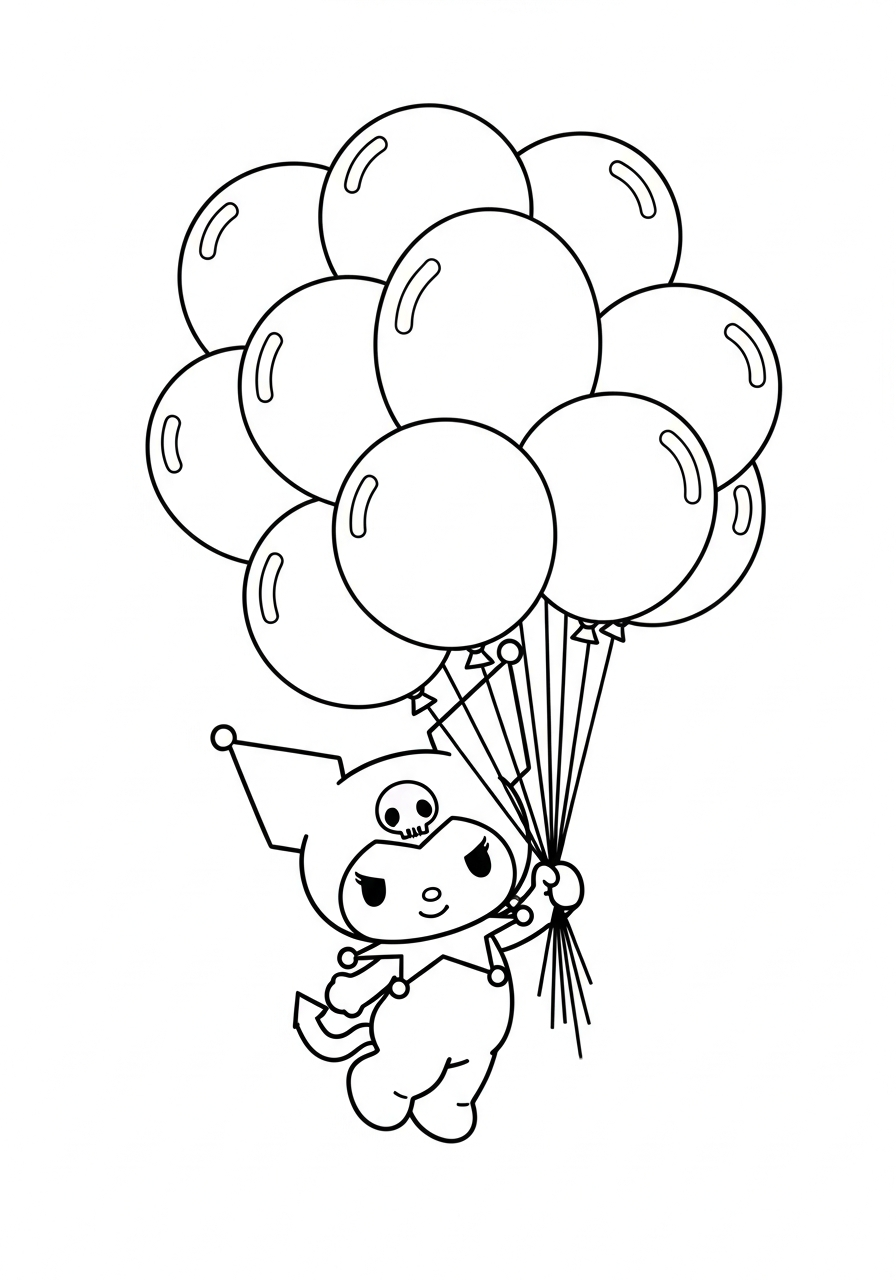 Kuromi floating with black balloons coloring page