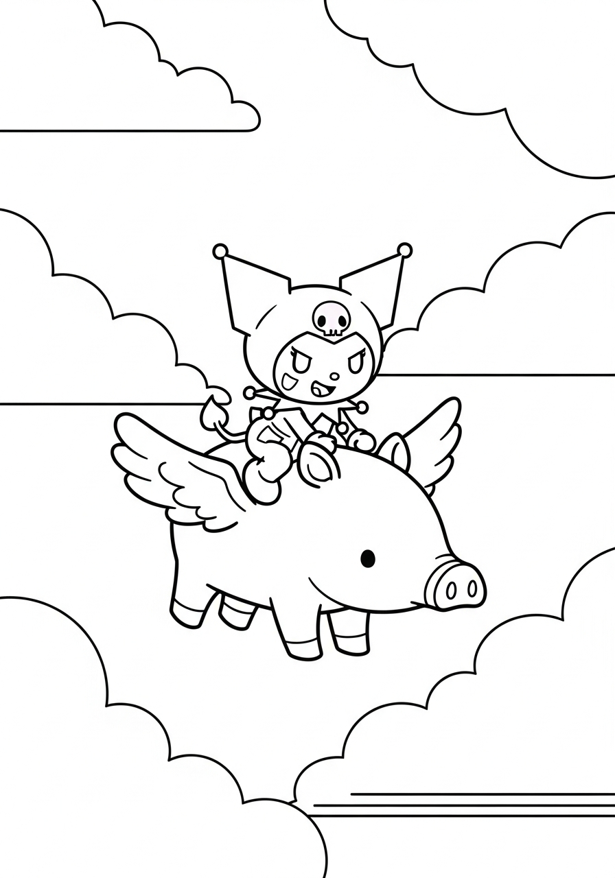 Kuromi flying on Baku tapir coloring page
