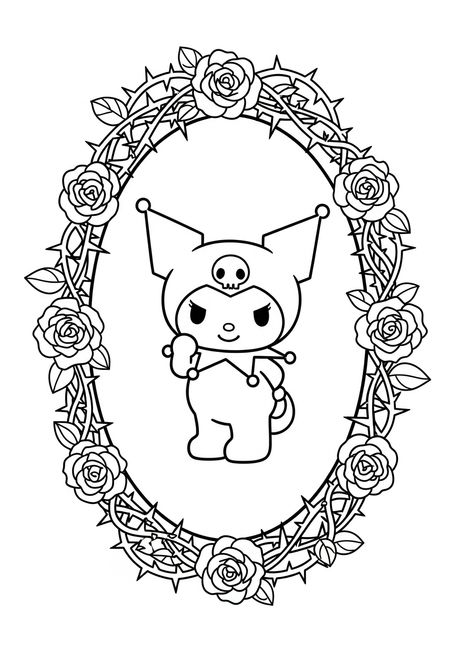 Kuromi inside rose flower frame coloring page