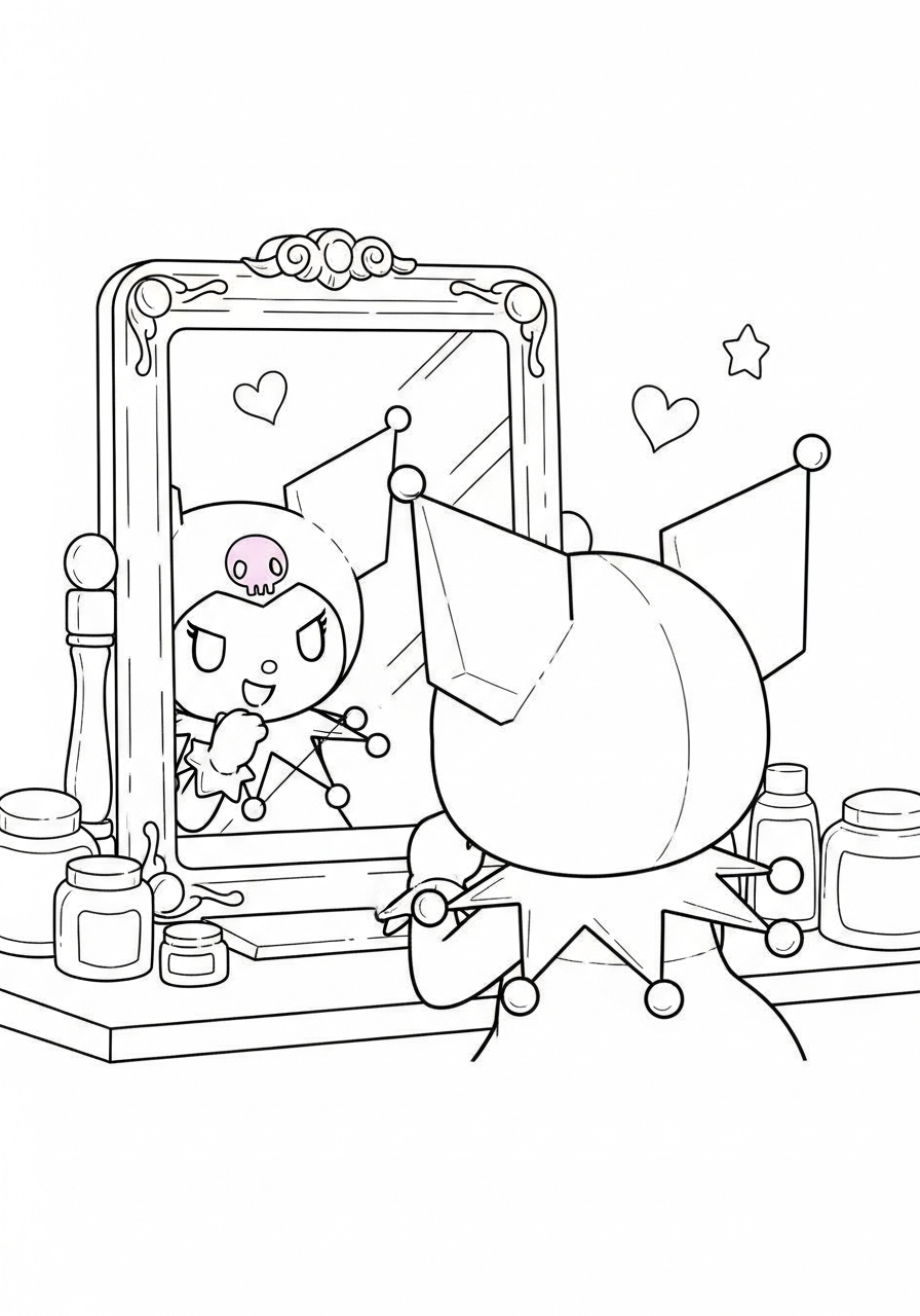 Kuromi looking in vanity mirror coloring page