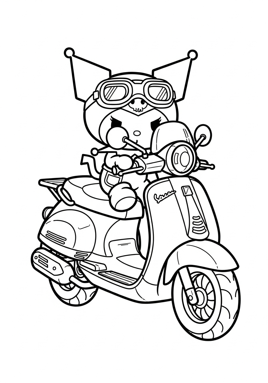Kuromi riding cool motorcycle scooter coloring page