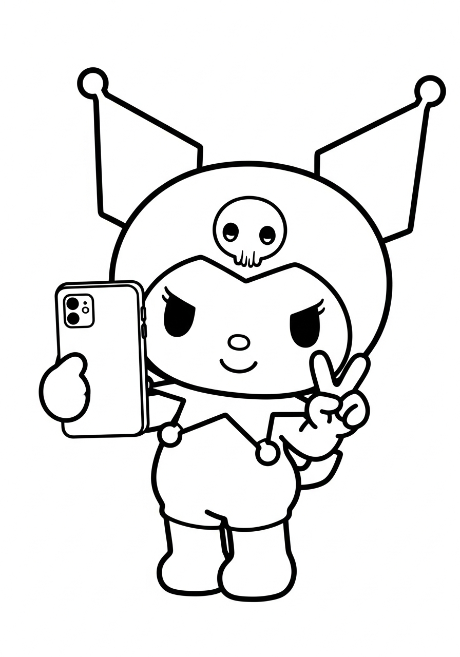 Kuromi taking selfie with phone coloring page