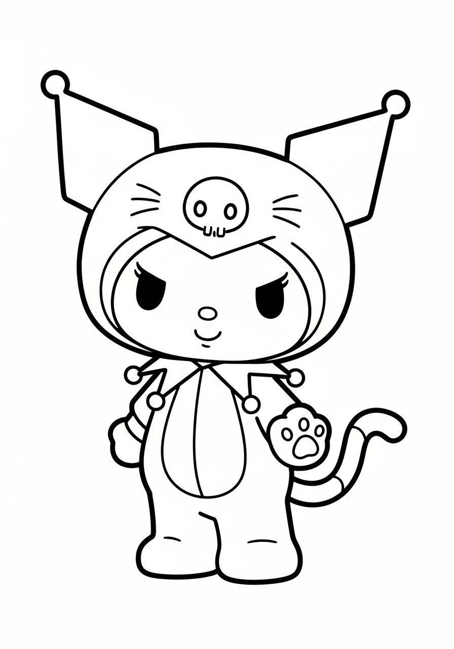 Kuromi wearing cat onesie pajamas coloring page