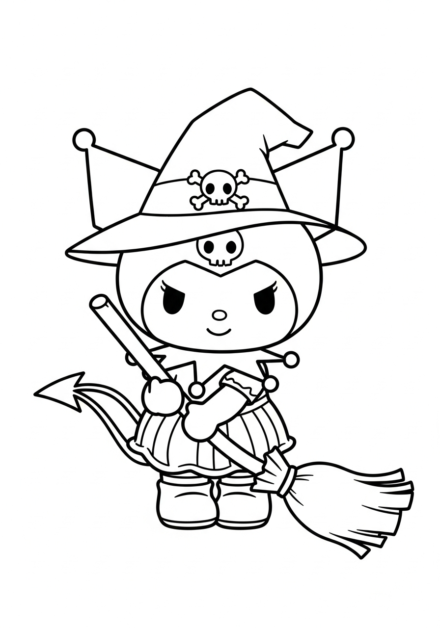 Kuromi witch costume with broom coloring page