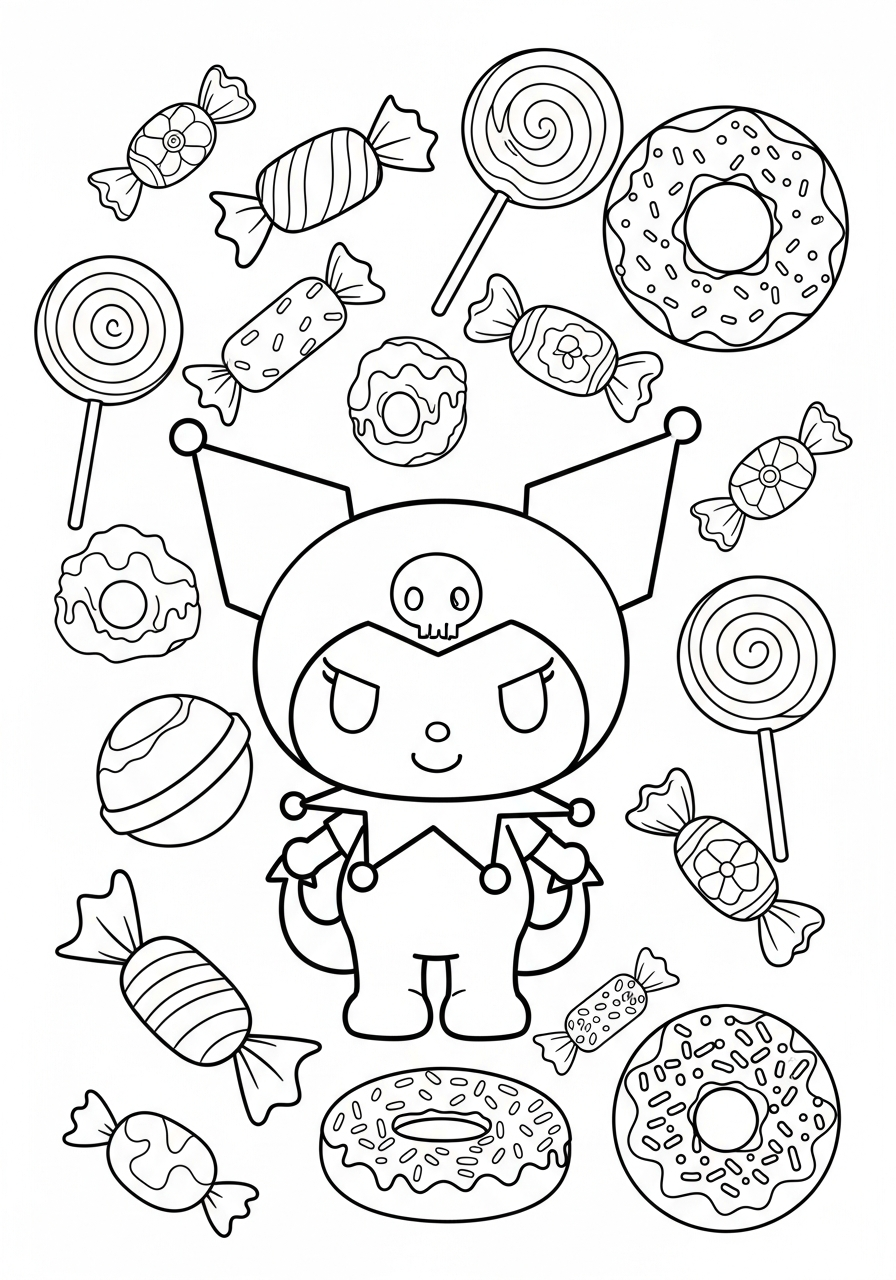 Kuromi with candy and donuts coloring page