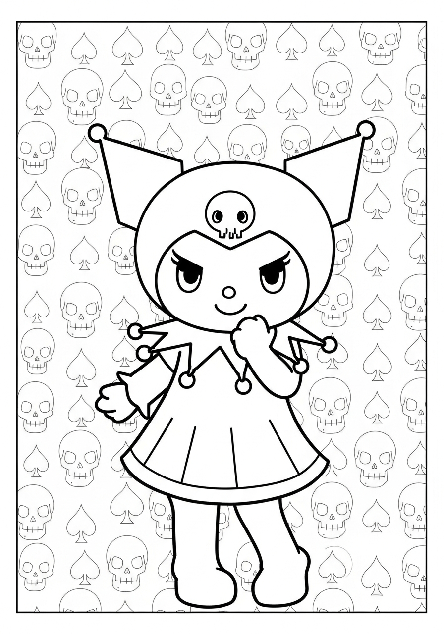 Kuromi with skull pattern background coloring page
