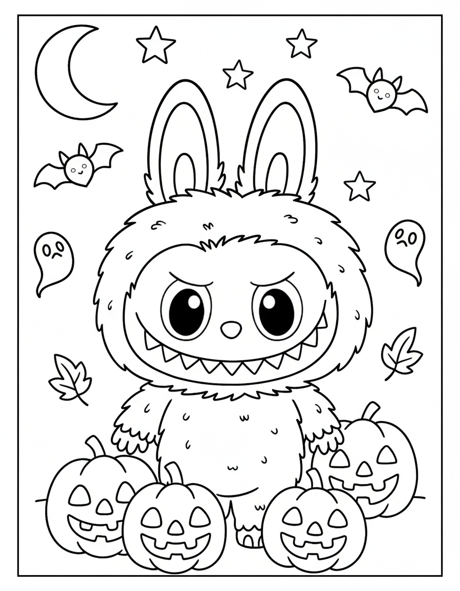 Labubu Halloween pumpkin and ghost coloring page