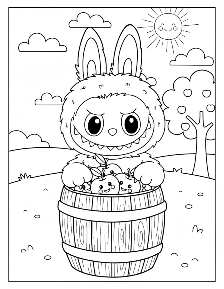 Labubu behind wooden apple barrel coloring page