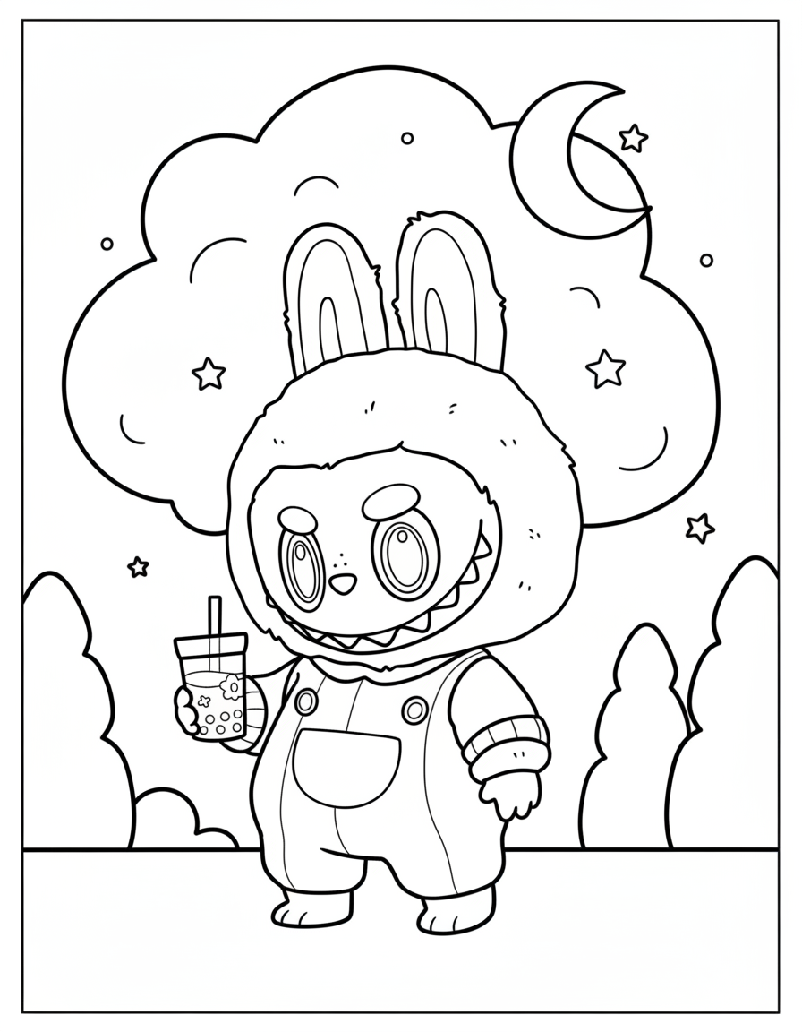 Labubu drinking boba tea in overalls coloring page